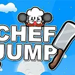 파란 하늘 배경에 요리사 모자와 프라이팬을 든 캐릭터, CHEF JUMP 글자, 두 개의 큰 칼이 있는 이미지