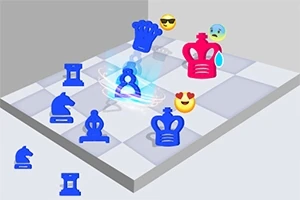 파란색과 빨간색 체스 기물들이 있는 3D 체스판과 여러 가지 이모티콘
