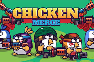 총을 든 다양한 색의 만화 닭들이 ‘CHICKEN MERGE’라는 큰 글자 아래에 줄지어 있는 컬러풀한 게임 스타일 배너