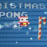 픽셀 스타일의 눈 내리는 배경 위에 CHRISTMAS PONG 글자가 있고, 산타클로스 이미지와 사탕 지팡이가 그려져 있습니다