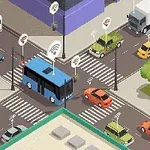 교통 신호와 여러 차량들이 교차로에 있는 장면의 3D 그래픽 일러스트