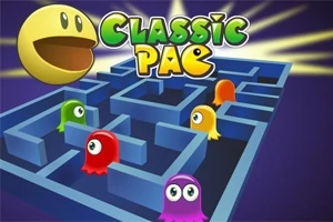 미로 안에 다채로운 유령들이 배치되어 있고, 상단 왼쪽에 웃고 있는 노란색 캐릭터와 CLASSIC PAC 텍스트가 있는 이미지