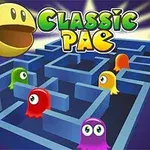 미로 안에 다채로운 유령들이 배치되어 있고, 상단 왼쪽에 웃고 있는 노란색 캐릭터와 CLASSIC PAC 텍스트가 있는 이미지