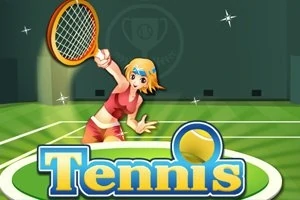 금발의 여성이 테니스 코트를 배경으로 테니스 라켓을 들고 있는 모습과 아래에 Tennis 텍스트가 있습니다