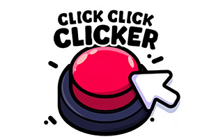 커다란 빨간 버튼과 화살표 커서가 있으며, 상단에 CLICK CLICK CLICKER라는 텍스트가 있는 이미지