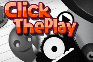 Click The Play라는 텍스트와 웃는 얼굴, 눈 모양의 캐릭터가 있는 흑백 이미지
