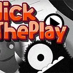 Click The Play라는 텍스트와 웃는 얼굴, 눈 모양의 캐릭터가 있는 흑백 이미지