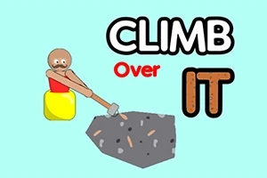 인간형 인물이 해머로 바위를 오르는 모습과 CLIMB Over IT라는 문구가 있는 이미지