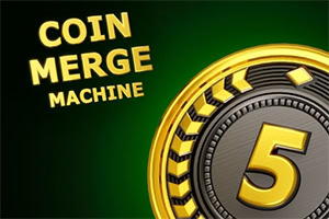 초록색 배경에 ‘COIN MERGE MACHINE’ 문구와 숫자 5가 새겨진 금화 클로즈업