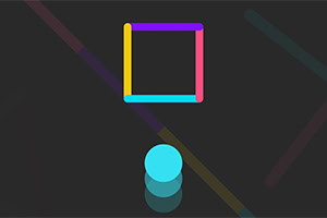 어두운 배경 위에 분홍색, 노란색, 파란색, 자주색의 테두리를 가진 사각형과 그 아래에 같은 색의 파란색 원이 있는 이미지