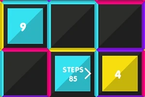 다양한 색상의 테두리를 가진 정사각형 격자에 숫자 9와 4, 그리고 STEPS 85가 적힌 파란색 타일이 있습니다