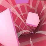 핑크색과 붉은색의 배경에 여러 개의 3D 기하학적 도형들이 떠 있는 모습