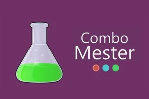 보라색 배경에 녹색 액체가 담긴 삼각 플라스크와 Combo Mester라는 글자가 있는 이미지
