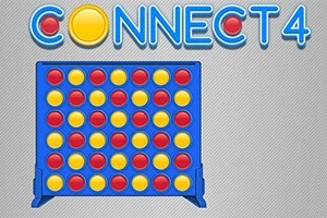 파란색 판 위에 빨강과 노란색 원형 디스크가 교대로 배열되어 있으며 위에 CONNECT 4라는 글자가 표시되어 있습니다