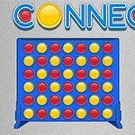 파란색 판 위에 빨강과 노란색 원형 디스크가 교대로 배열되어 있으며 위에 CONNECT 4라는 글자가 표시되어 있습니다