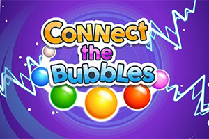 보라색 소용돌이 배경에 알록달록한 버블과 번개 모양 그래픽, Connect the Bubbles 글자가 보이는 이미지