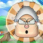 거대한 쿠키 모양의 얼굴에 안경을 쓴 캐릭터와 하늘에 떠 있는 푸른 원반, 주변에 나무와 건물이 있는 장면