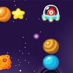 우주를 배경으로 다양한 색상의 행성과 별이 있으며, 한 가운데 작은 우주선과 외계인이 떠 있는 모습