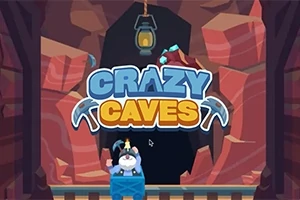 굴 속에서 광부가 손수레에 타고 있는 모습과 CRAZY CAVES라는 텍스트가 있는 장면