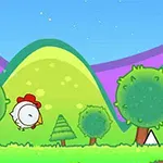 알록달록한 만화 스타일로 그려진 나무와 언덕 배경을 배경으로 날고 있는 닭