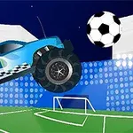 푸른색 몬스터 트럭이 축구 경기장에서 공을 향해 점프하고 있습니다