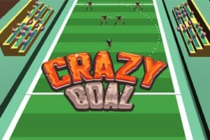 초록색 경기장 중앙에 CRAZY GOAL이라는 큰 글자가 있으며, 양쪽에 관중석이 있는 축구 경기장 모습