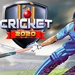 파란색 유니폼을 입은 크리켓 선수와 CRICKET 2020 로고