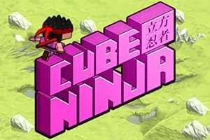 핑크색 큐브 모양의 글자 위에 검은 머리의 작은 닌자가 서 있는 이미지