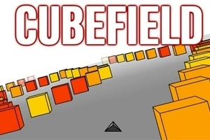 Cubefield라는 텍스트 위에 다양한 색상의 큐브들이 도로 양쪽에 배치된 이미지