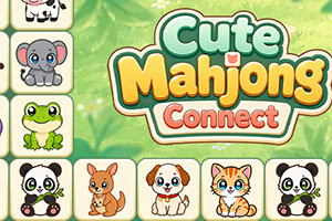 동물 타일과 초록 잎 배경 위에 ‘Cute Mahjongs Connect’ 로고가 있는 화면