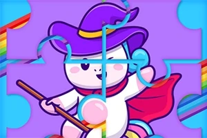보라색 모자를 쓰고 빨간 망토를 두른 마법사 복장의 귀여운 캐릭터가 퍼즐 조각들로 나누어져 있는 이미지