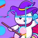 보라색 모자를 쓰고 빨간 망토를 두른 마법사 복장의 귀여운 캐릭터가 퍼즐 조각들로 나누어져 있는 이미지