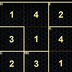 검은 육각 패턴 배경 위에 노란색 선으로 나누어진 3x3 격자 안에 숫자 1에서 4가 표기되어 있다