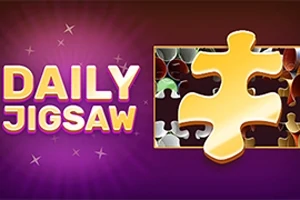 보라색 배경에 DAILY JIGSAW라는 노란색 글자와 큰 퍼즐 조각이 보임