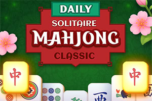 녹색 배경 위에 빨간색 사각형에 흰색 글자로 DAILY SOLITAIRE MAHJONG CLASSIC이 적혀 있고, 주변에 복숭아색 꽃과 여러 가지 마작 패가 배열되어 있다