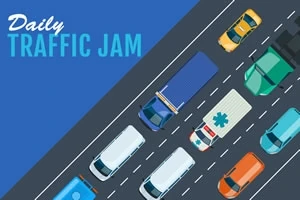 일러스트레이션에는 다양한 차량들이 혼잡하게 도로를 주행하는 모습과 Daily Traffic Jam이라는 텍스트가 포함되어 있습니다