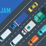 일러스트레이션에는 다양한 차량들이 혼잡하게 도로를 주행하는 모습과 Daily Traffic Jam이라는 텍스트가 포함되어 있습니다