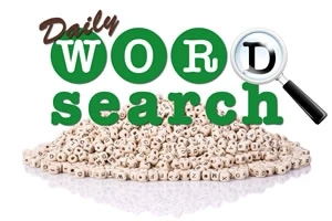 알파벳이 새겨진 나무 조각들이 쌓여 있고, 그 위에 Daily WORD search라는 글자와 돋보기가 놓여 있는 이미지