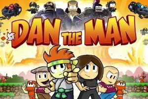 밝은 배경에 캐릭터가 포즈를 취하고 있는 가운데 DAN THE MAN이라는 문자와 함께 다채로운 색상의 로고가 있습니다