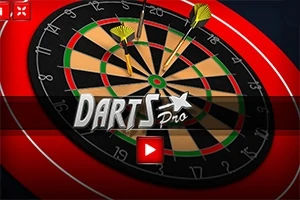 다트 과녁에 세 개의 화살이 꽂혀 있고 화면 중앙에 Darts Pro 로고가 있는 이미지