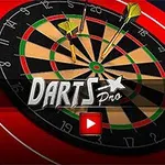 다트 과녁에 세 개의 화살이 꽂혀 있고 화면 중앙에 Darts Pro 로고가 있는 이미지