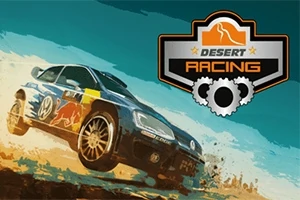 사막을 배경으로 한 레이싱카와 Desert Racing 로고