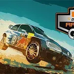 사막을 배경으로 한 레이싱카와 Desert Racing 로고