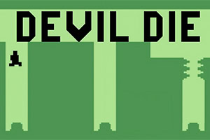 연두색 배경에 검은 픽셀 글씨로 DEVIL DIE 문구가 크게 보이고, 기둥처럼 보이는 직사각형 실루엣과 작은 검은 픽셀 캐릭터가 있는 8비트 스타일 화면