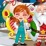 산타 복장을 한 남자와 간호사 복장의 여자가 눈 덮인 겨울 배경에서 함께 서 있으며, 주변에 사슴과 썰매가 있다