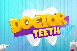 큰 치아 그림 위에 DOCTOR TEETH라는 노란색과 보라색 글씨가 쓰여 있고, 양옆에는 치과 도구들이 배치되어 있다