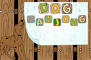 나무 배경 앞에 서 있는 개와 블록에 적힌 DOG MAHJONG 글자