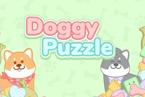 강아지 두 마리와 다채로운 색상의 과자, Doggy Puzzle라는 텍스트가 있는 귀여운 일러스트