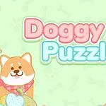 강아지 두 마리와 다채로운 색상의 과자, Doggy Puzzle라는 텍스트가 있는 귀여운 일러스트