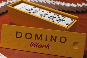 도미노 블록이 들어 있는 나무 상자와 DOMINO Block이라는 글자가 있는 상자 뚜껑